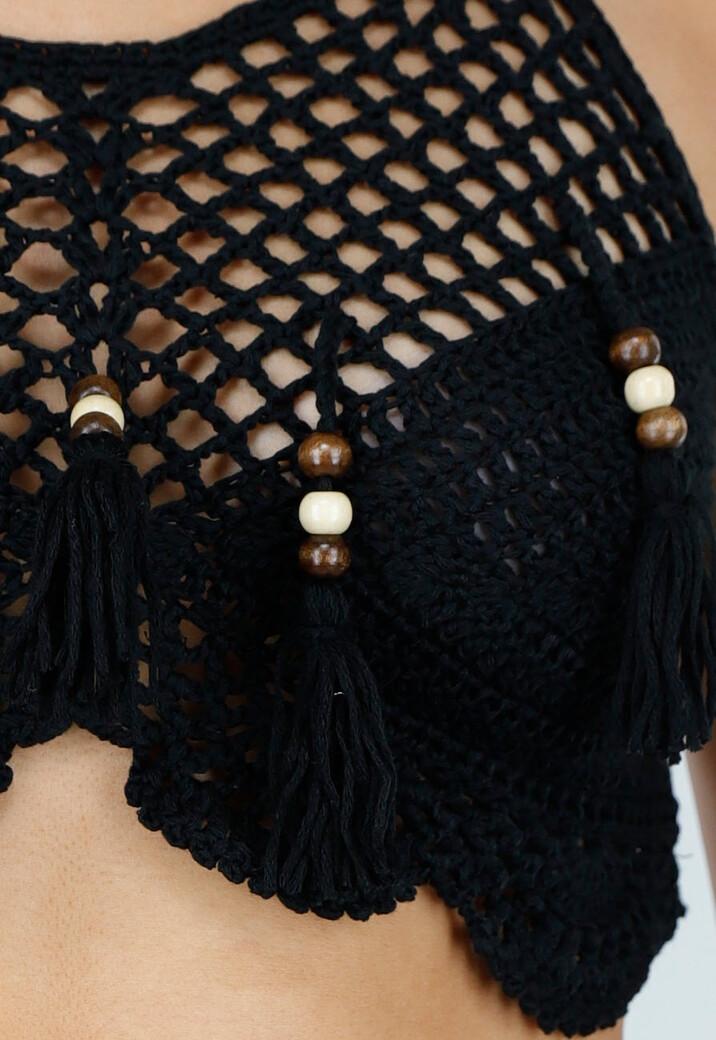 Zwarte Gehaakte Halter Top met Open Patroon en Kwastjes