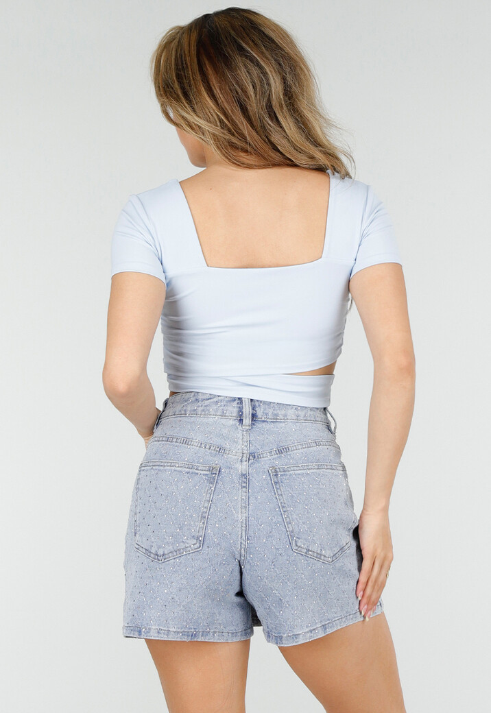 Lichtblauwe Crop Top met Vierkante Hals en Wrap Detail