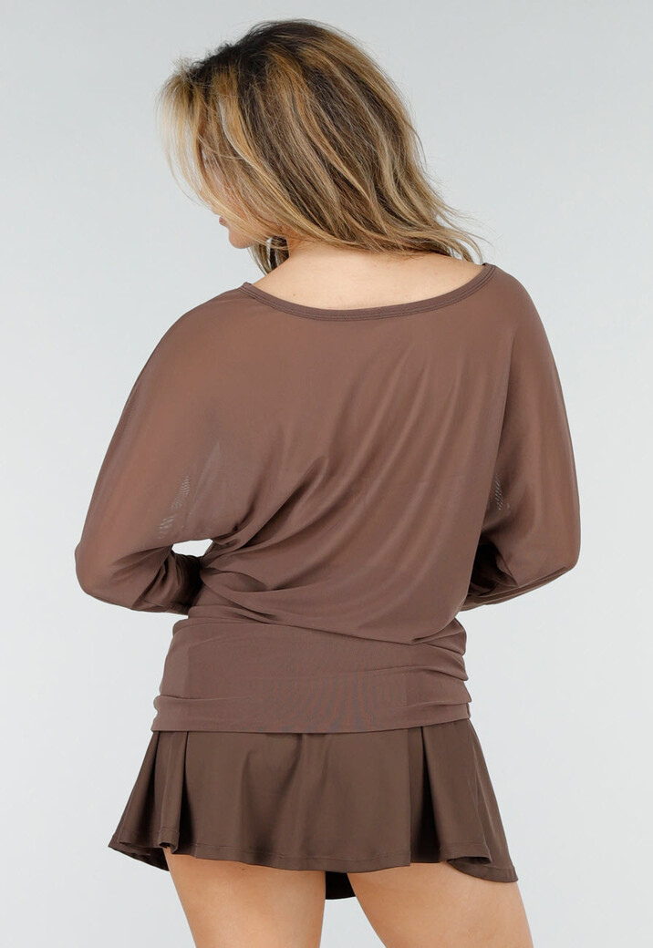 Bruine Transparante Mesh Top met Lange Mouwen en Stretch