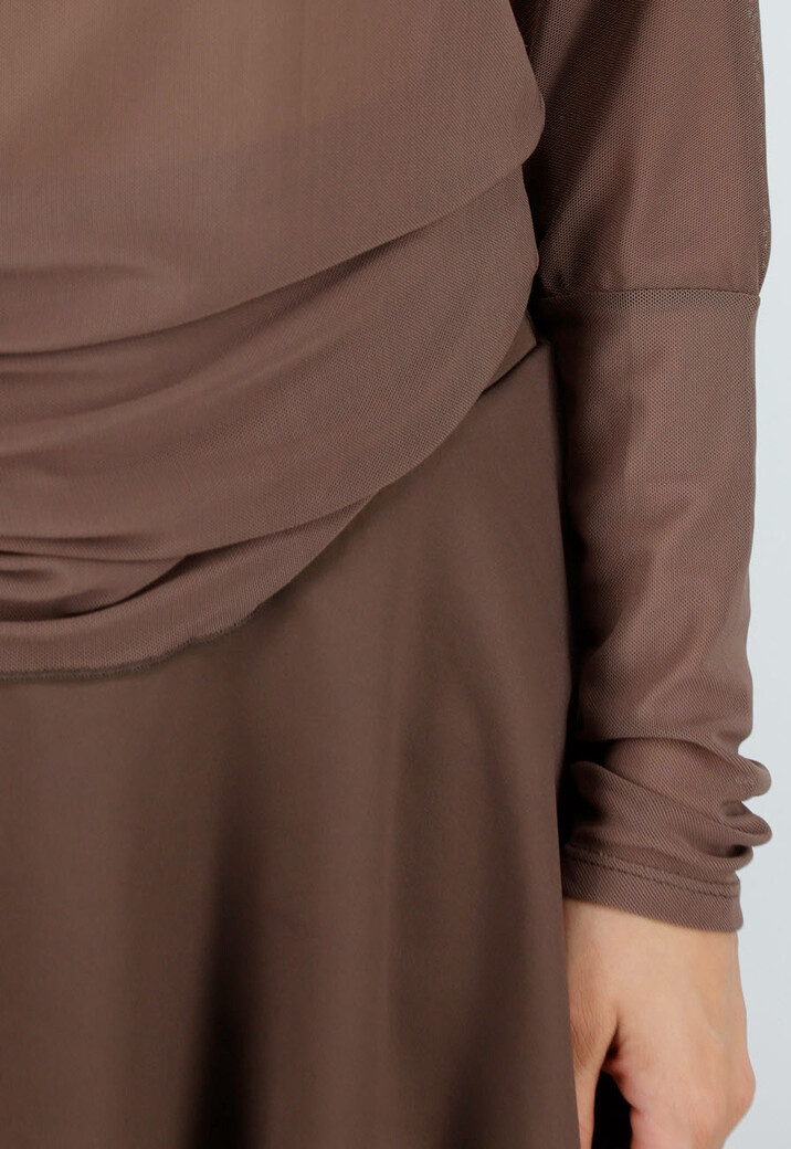 Bruine Transparante Mesh Top met Lange Mouwen en Stretch