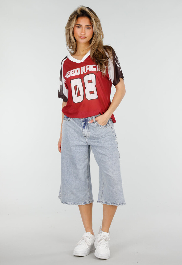 Lichtblauwe Denim Bermuda Shorts met Studs en Rechte Pijpen