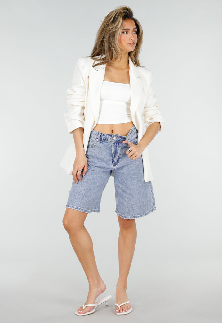Lichtblauwe Denim Bermuda Shorts met Rechte Pijpen en Zakken
