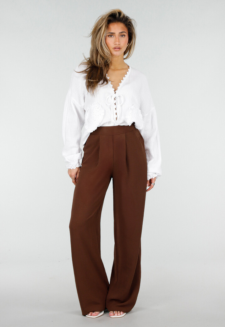 Bruine Wide Leg Broek met Elastische Taille en Plooien