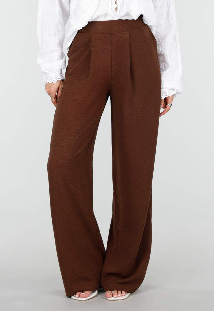 Bruine Wide Leg Broek met Elastische Taille en Plooien
