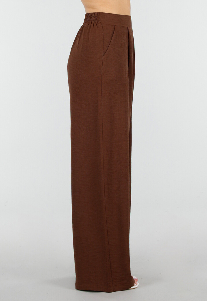 Bruine Wide Leg Broek met Elastische Taille en Plooien