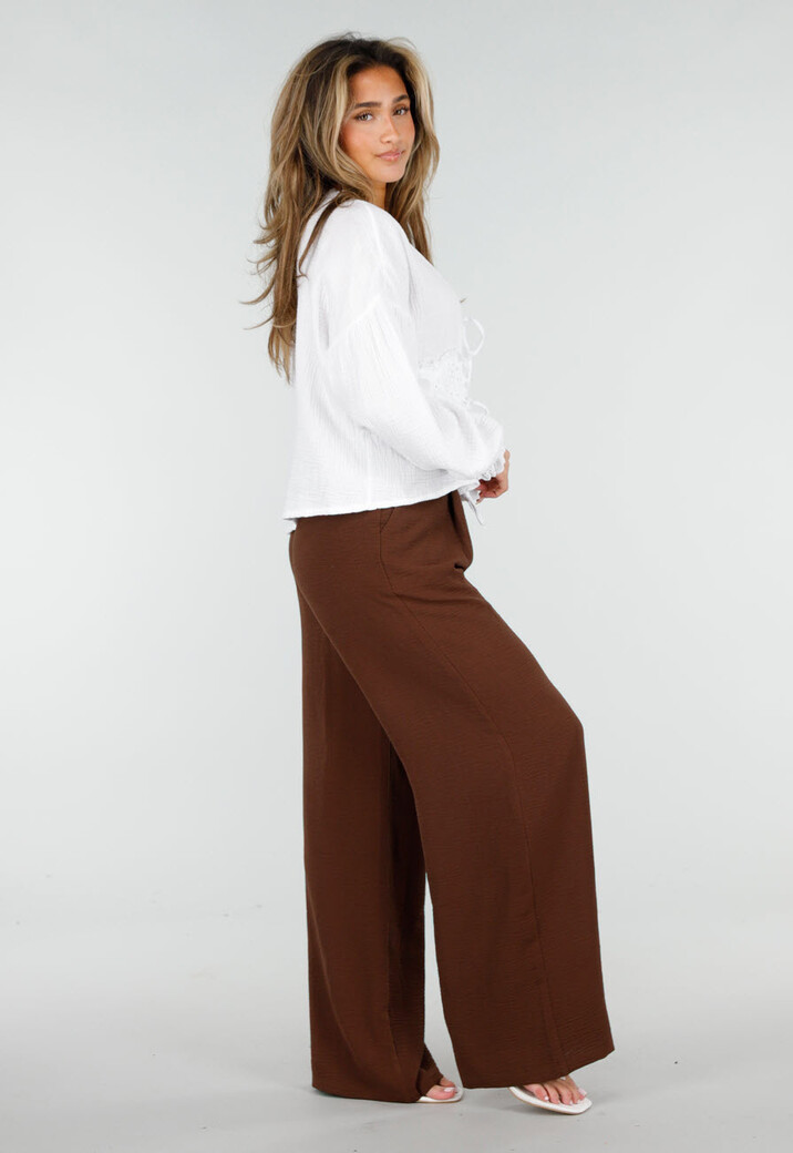 Bruine Wide Leg Broek met Elastische Taille en Plooien