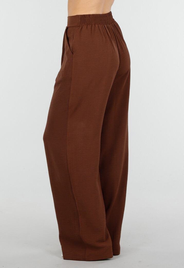 Bruine Wide Leg Broek met Elastische Taille en Plooien