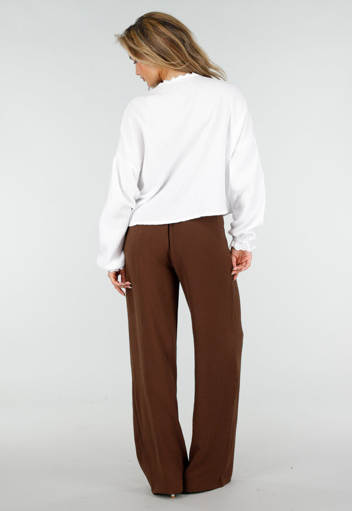 Bruine Wide Leg Broek met Elastische Taille en Plooien