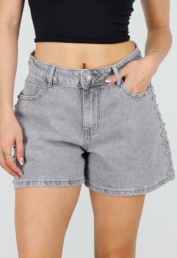 Grijze Denim Shorts met Studs