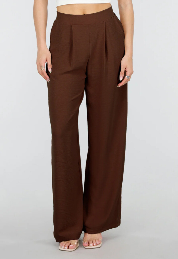 Petite High Waist Bruine Linnen Look Broek met Tailleband