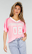 Roze Mesh Jersey Top met V-hals en Korte Mouwen en Print