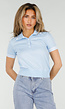 Lichtblauwe Cropped Polo Top met Kraag Knoopsluiting en Strepen