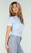 Lichtblauwe Cropped Polo Top met Kraag Knoopsluiting en Strepen