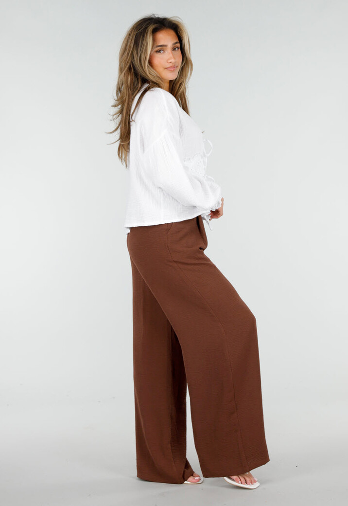 Bruine Wide Leg Broek met Elastische Taille en Plooien