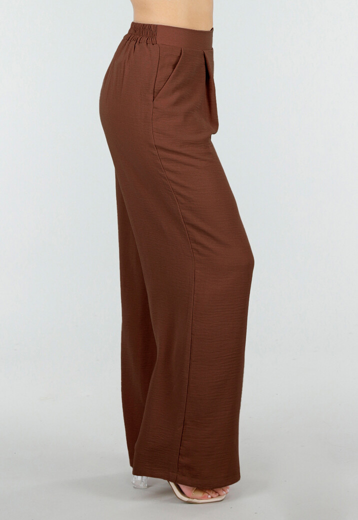 Petite High Waist Bruine Linnen Look Broek met Tailleband