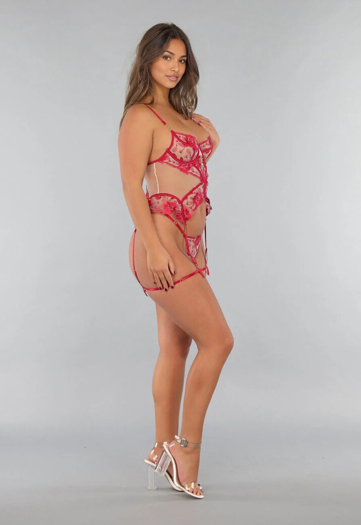 Mesh Lingerie Bustier Set met Rood Borduurwerk