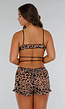 Beige Stretch Luipaard Mesh Playsuit met Ruffles, Open Rug en Veterdetail aan de Voorzijde