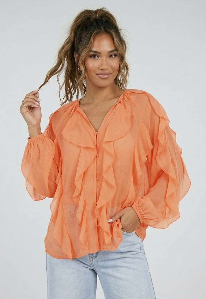 Oranje Chiffon Blouse met Ruffle Details en Lange Mouwen