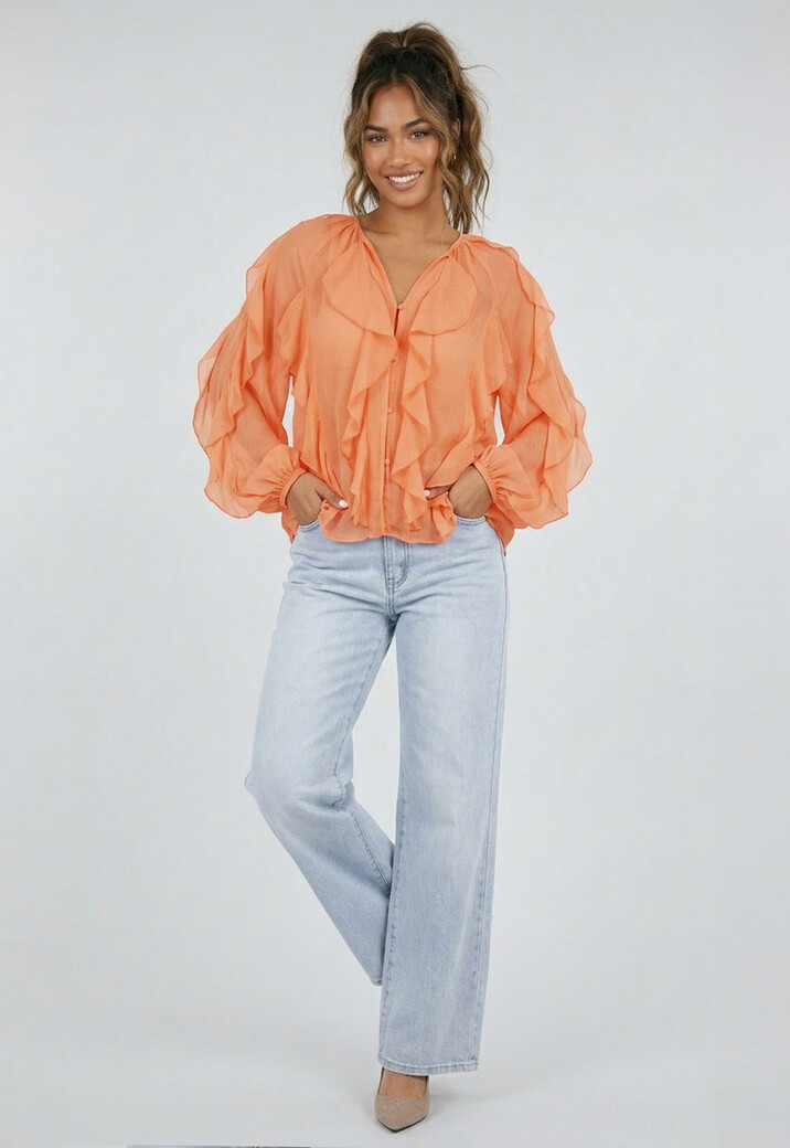 Oranje Chiffon Blouse met Ruffle Details en Lange Mouwen