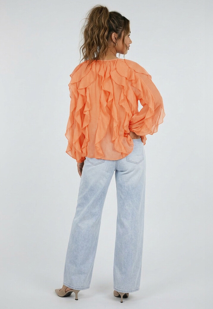 Oranje Chiffon Blouse met Ruffle Details en Lange Mouwen