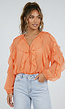 Oranje Chiffon Blouse met Ruffle Details en Lange Mouwen