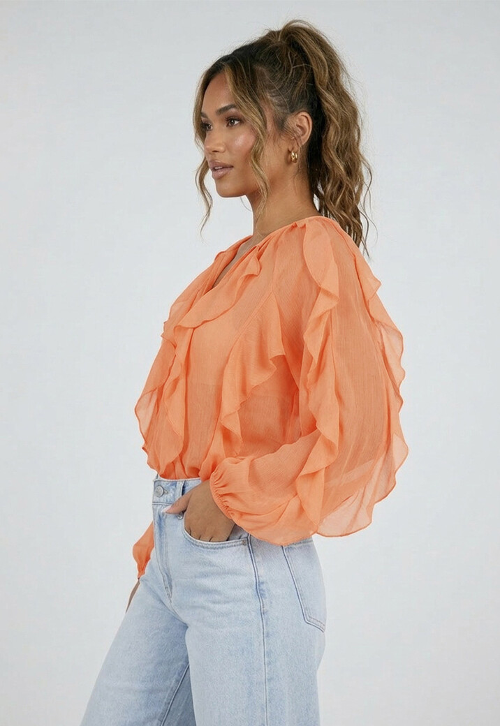 Oranje Chiffon Blouse met Ruffle Details en Lange Mouwen