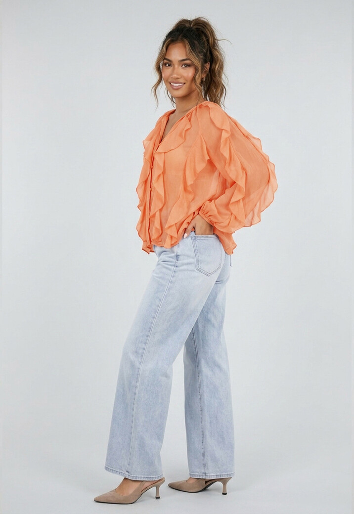 Oranje Chiffon Blouse met Ruffle Details en Lange Mouwen