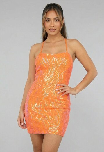 Oranje Pailletten Bodycon Jurk met Veterdetail