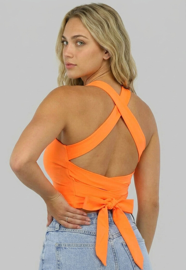 Oranje Sporttop met Vierkante Hals en Strikdetail