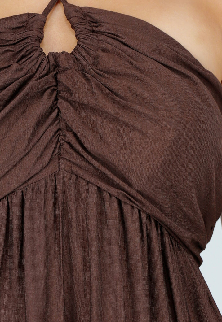 Bruine Halter Midi Jurk met Open Rug