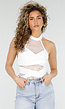 Witte Halter Top met Kant Inzet en Mesh Details