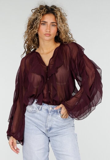 Bordeaux Chiffon Blouse met Ruffles