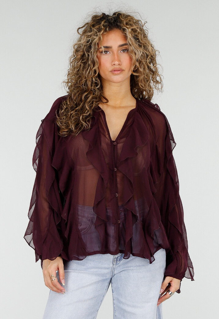 Bordeaux Chiffon Blouse met Ruffles en Lange Mouwen