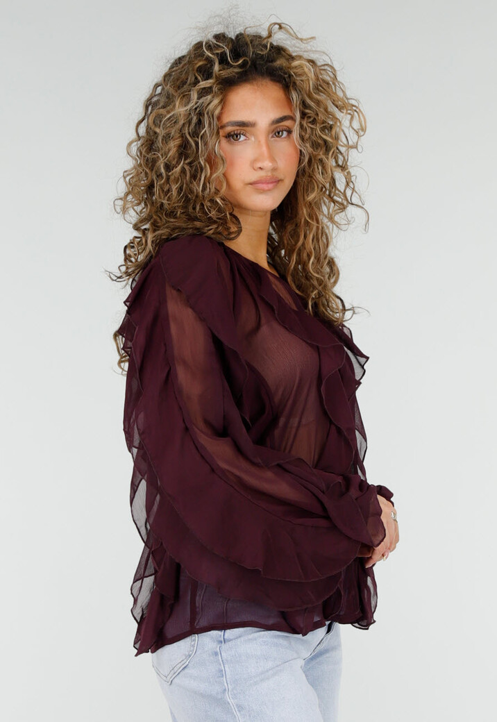 Bordeaux Chiffon Blouse met Ruffles en Lange Mouwen