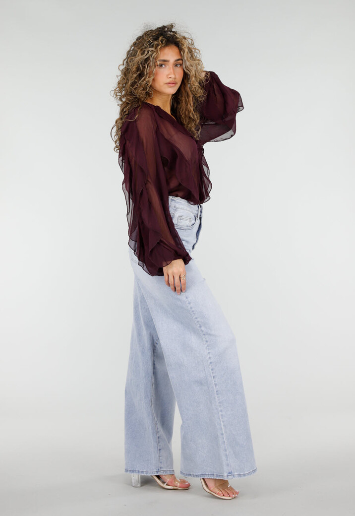 Bordeaux Chiffon Blouse met Ruffles en Lange Mouwen
