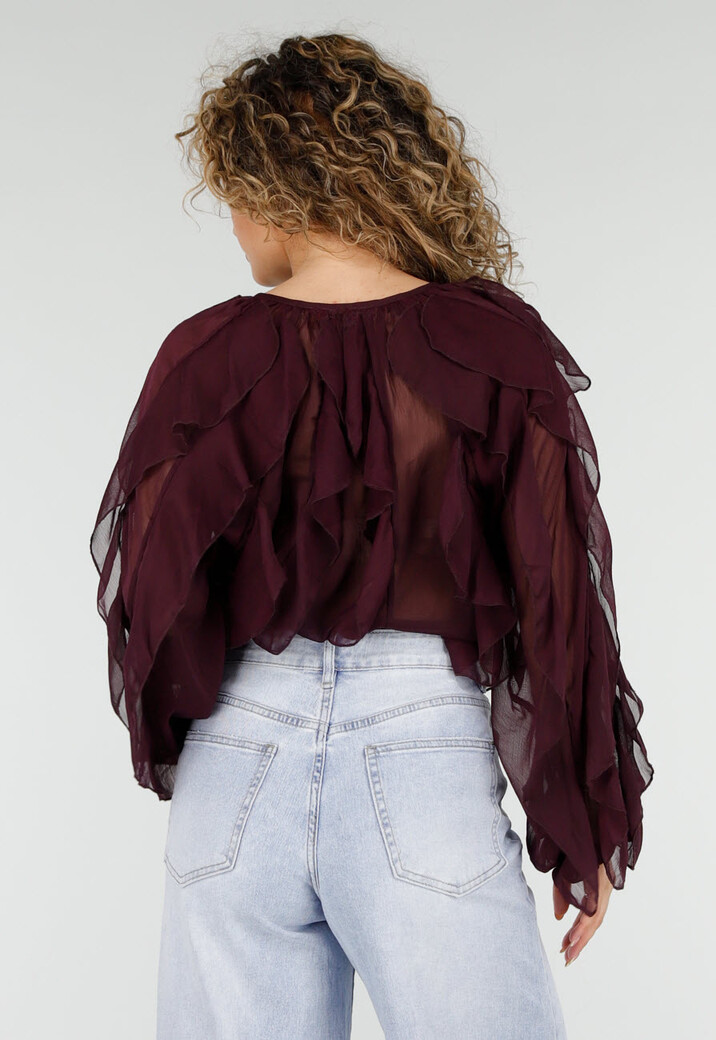 Bordeaux Chiffon Blouse met Ruffles en Lange Mouwen