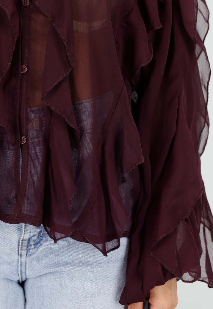 Bordeaux Chiffon Blouse met Ruffles en Lange Mouwen