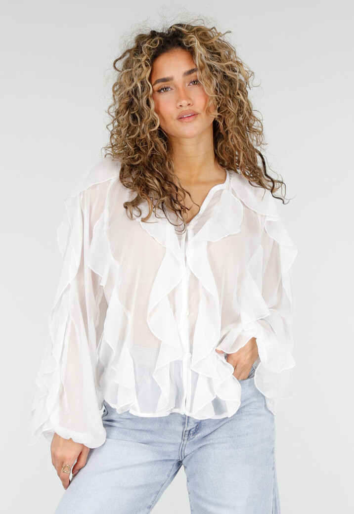 Witte Chiffon Blouse met Ruffles en Lange Mouwen