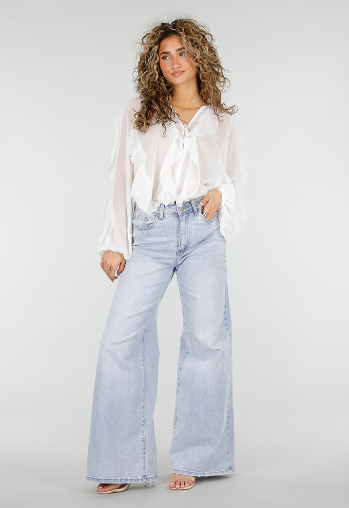 Witte Chiffon Blouse met Ruffles en Lange Mouwen