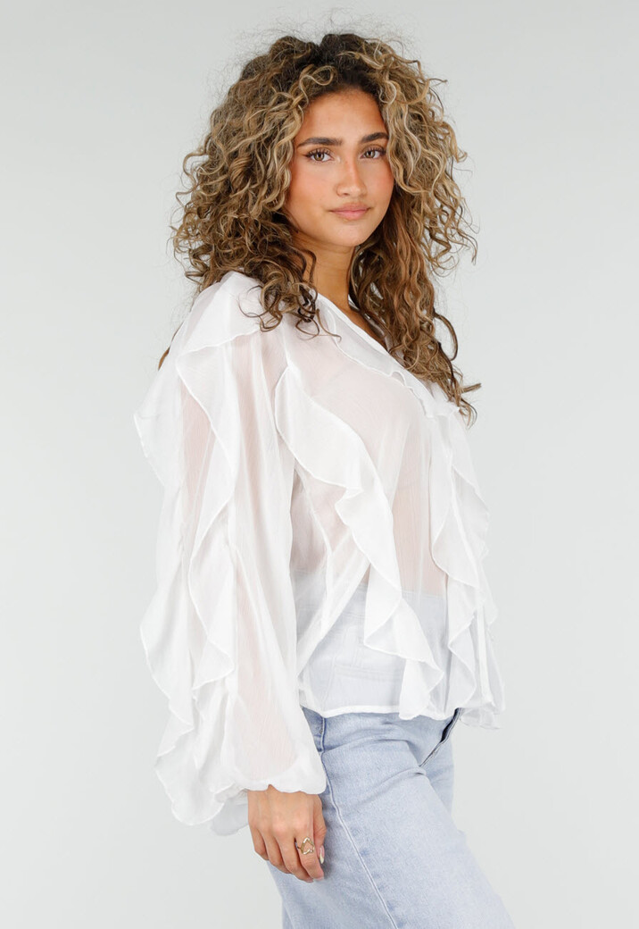 Witte Chiffon Blouse met Ruffles en Lange Mouwen