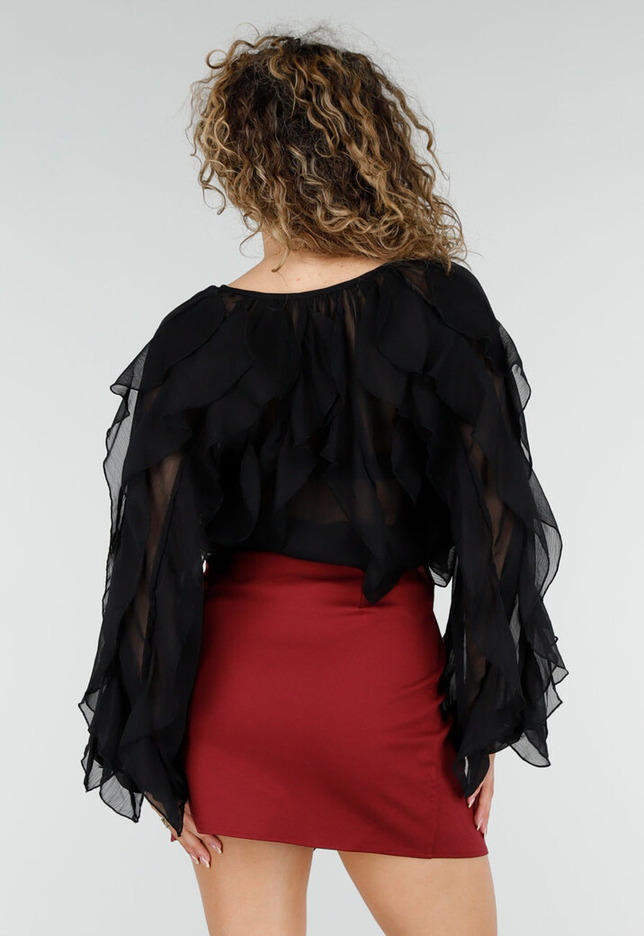 Zwarte Chiffon Blouse met Ruffle Details en Lange Mouwen