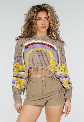 Beige Gehaakte Crop Trui met Regenboog