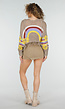 Beige Gehaakte Top met Regenboogprint en Franjes