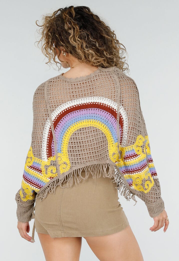 Beige Gehaakte Top met Regenboogprint en Franjes