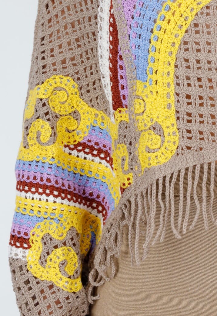 Beige Gehaakte Top met Regenboogprint en Franjes