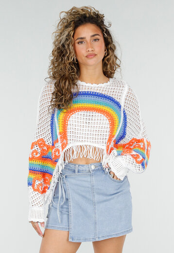 Witte Gehaakte Poncho Trui