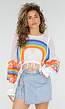 Witte Gehaakte Trui met Regenboog Print en Franjes