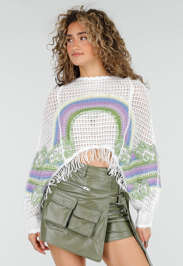 Witte Gehaakte Top met Regenboogprint
