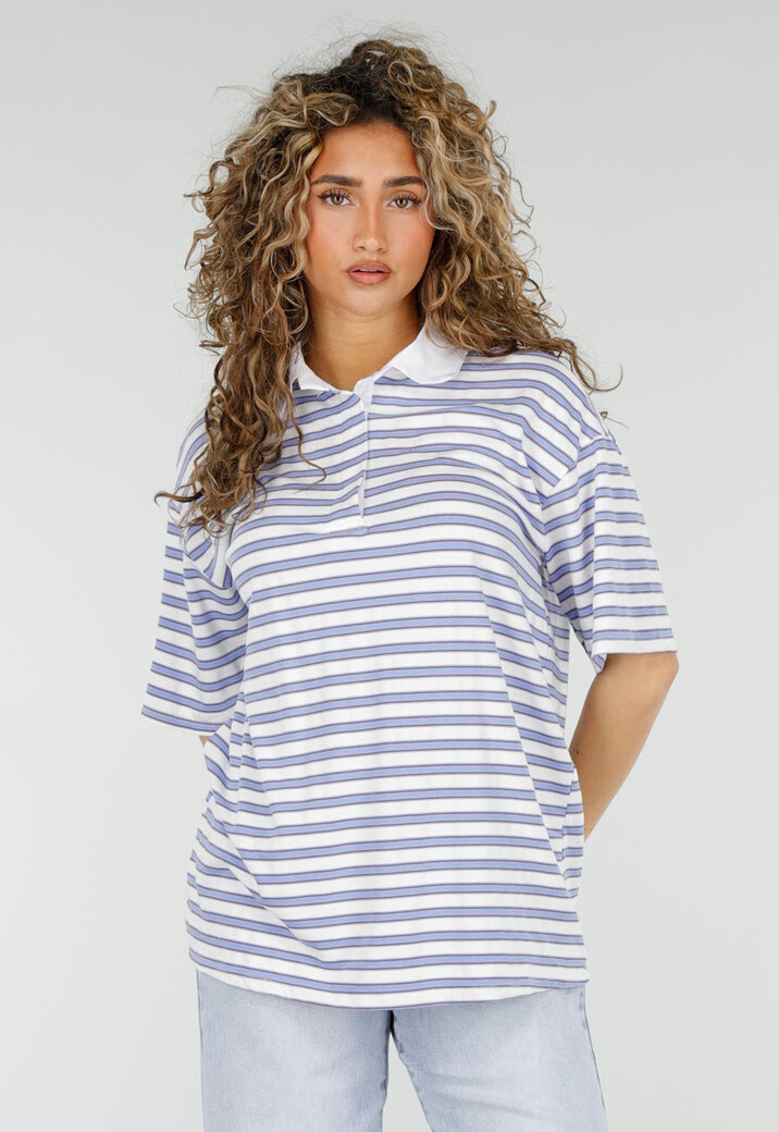 Wit Blauwe Gestreepte Polo Top met Kraag en Korte Mouwen