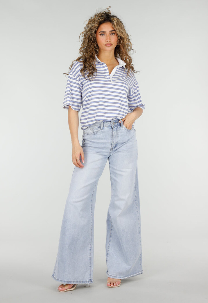 Wit Blauwe Gestreepte Polo Top met Kraag en Korte Mouwen